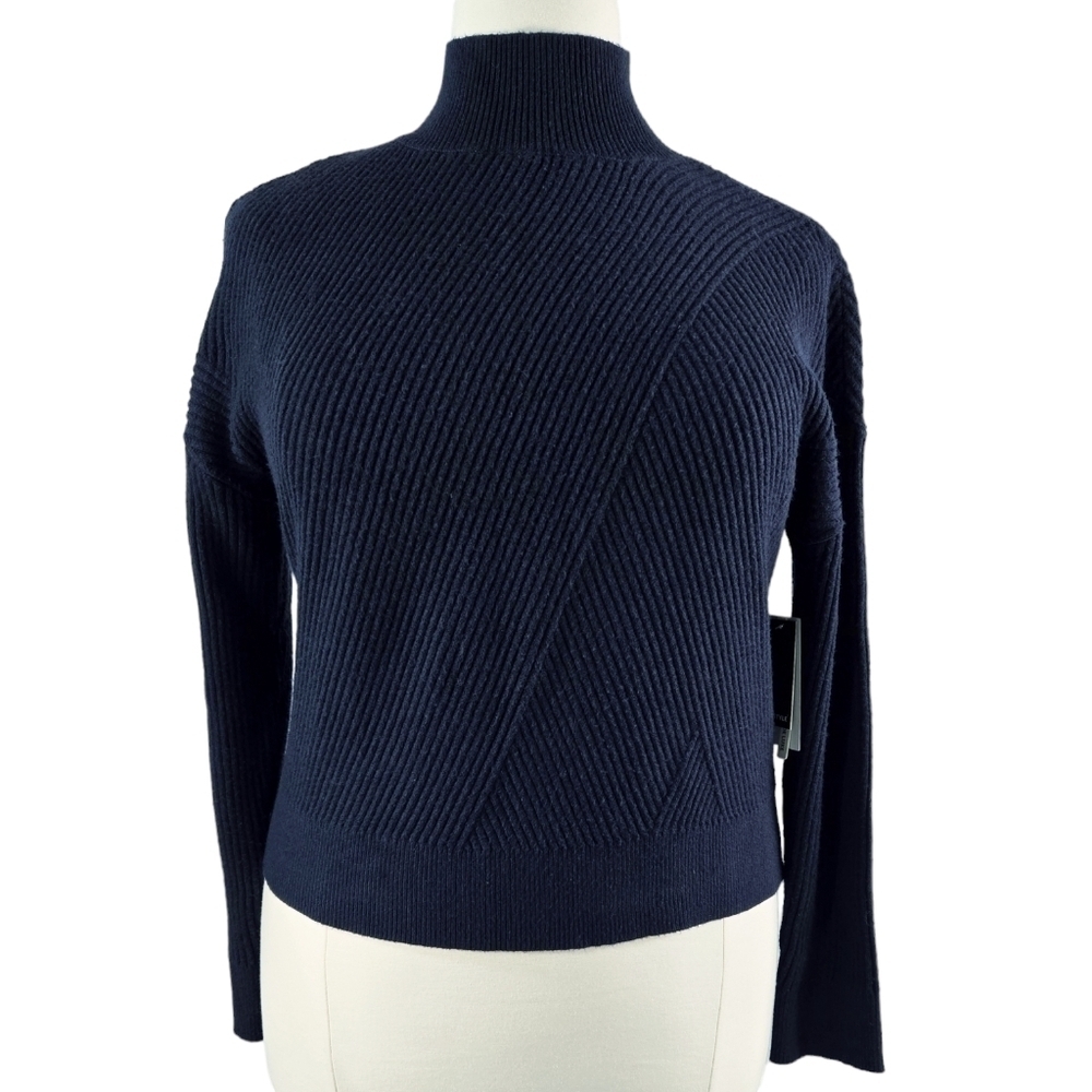 RD Style Stitch Fix NWT Navy Blue Diagonal Knit Mock Neck Drop Shoulder Sweater